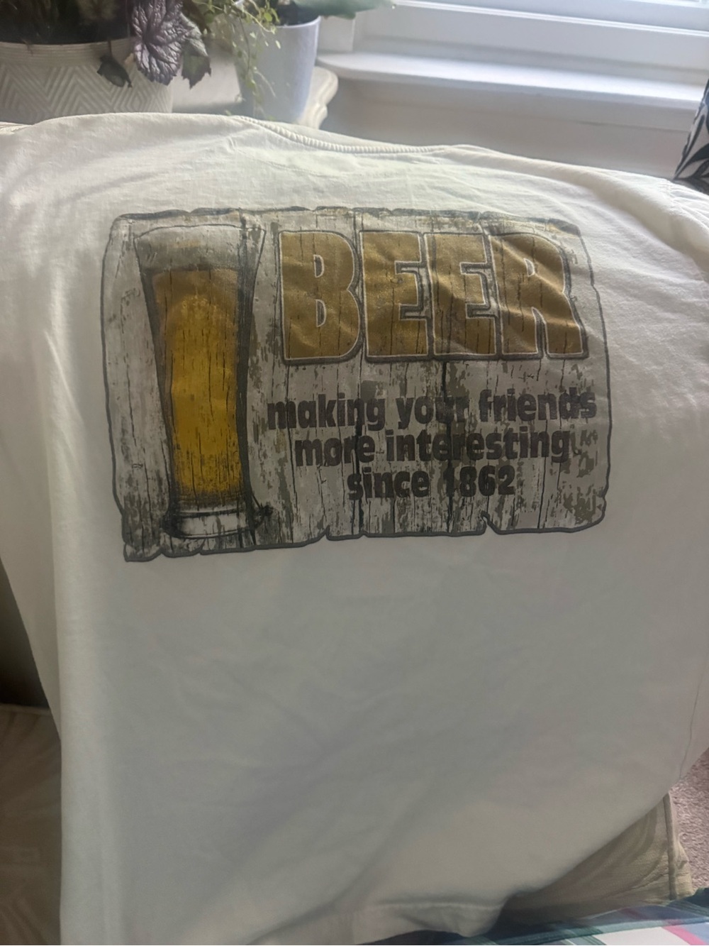 White Graphic Tee with Yellow 'BEER' Back Print